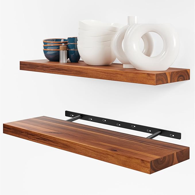 BATODA Set of 2 24" Acacia Wood Floating Shelves Wall Mounted – Rustic by BATODA