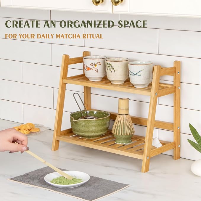 ANBOXIT Bamboo Matcha Station Organizer, Countertop 2 Tier Desktop Shelf - Image 2