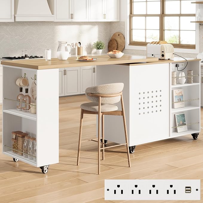 HSH Kitchen Island with 360° Swivel Table & Power Outlet, Rolling Kitchen by HOMESWEETHOME