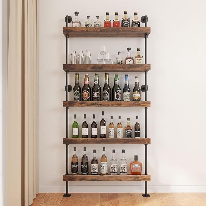5-Tier Wall Mounted Wine Rack, Floating Bar Shelves, Liquor Bottle Shelf Display - Image 3
