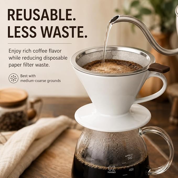 Reusable Stainless Steel Pour Over Coffee Filter Cone, Dual-Mesh Metal Dripper - Image 2