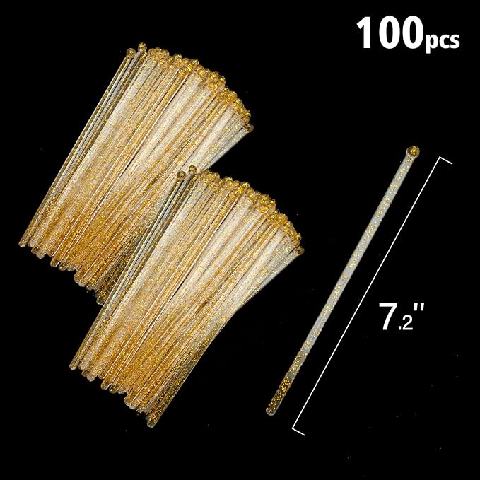 hapray 100-PCS Gold Glitter Plastic Swizzle Sticks, Crystal Cake Pops, Cocktail - Image 6