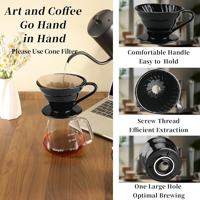 Mongdio Ceramic Pour Over Coffee Dripper, Reusable Porcelain Portable Pour Over - Image 2