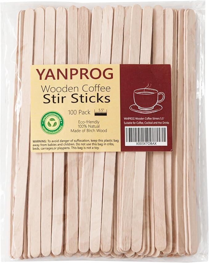 Wooden Coffee Stirrers 5.5" Coffee Stir Sticks 100 Pcs, Natural Birch Round End by YANPROG