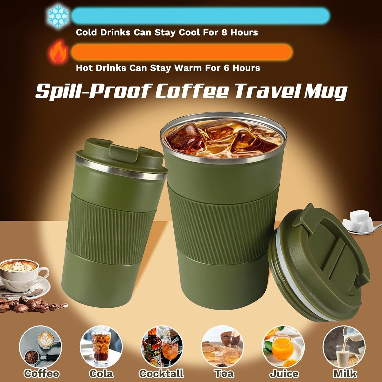 Vacuum-Insulated Stainless Steel Travel Coffee Mug, Leak-Proof Reusable Coffee Cup with Lid - Keep Hot & Cold Drinks for Hours, Durable Thermos Tumbler for Men & Women (3rd-Green, 12OZ)