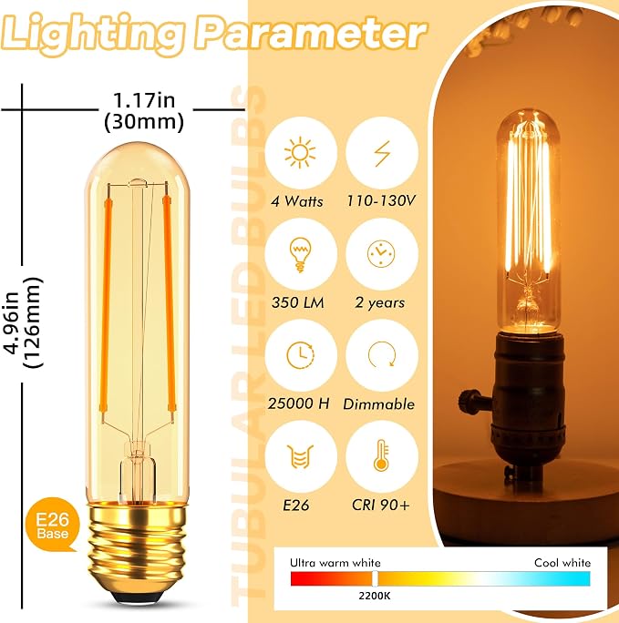 Dimmable E26 40 Watt Tubular Light Bulbs, 4W T10 LED Light Bulbs, 2200K Soft - Image 2