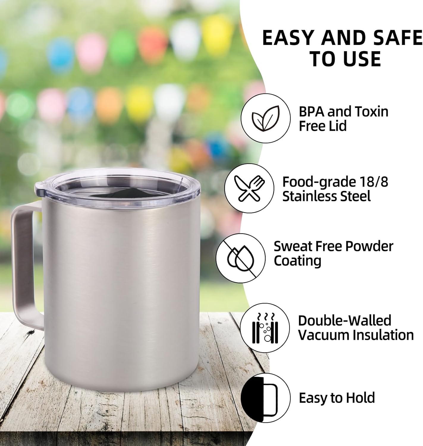 Volhoply 14oz Insulated Stainless Steel Coffee Mug with Lid Bulk 4 Pack,Double Wall Vacuum Travel Coffee Cup with Handle,Reusable Metal Cups Tumbler,Camping Mugs Keep Hot,Ideal Gifts(Silver,4)