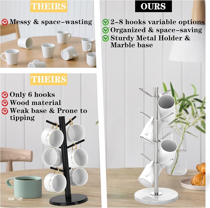 Marble Mug Holder Tree with 8 Hooks, Detachable Stainless Steel Coffee Cup - Image 5
