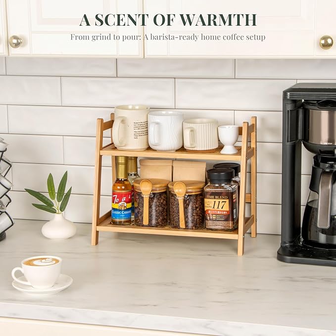 ANBOXIT Rattan-Look Matcha Station Organizer, Countertop Bamboo Tea & Coffee - Image 4