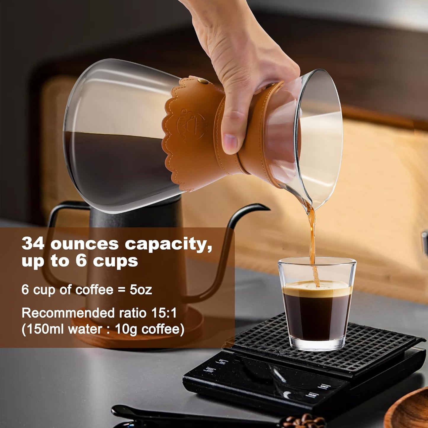 34oz Pour Over Coffee Maker with Double Layer Stainless Steel Filter, Borosilicate Glass Dripper, Detachable Heat-Resistant Leather Pad 7-8 Cups Coffee Maker Carafe（Light brown）