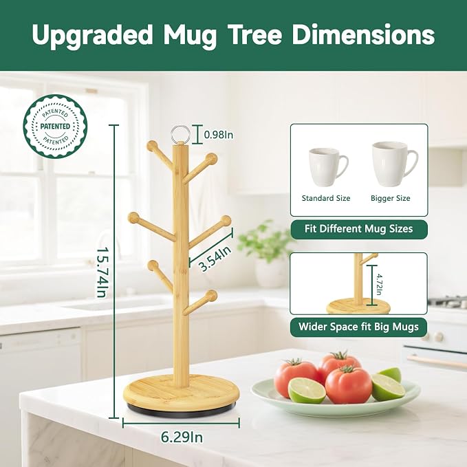 EsLuker.ly Mug Holder Tree Bamboo 360° Rotating Coffee Cup Display Rack - Image 2