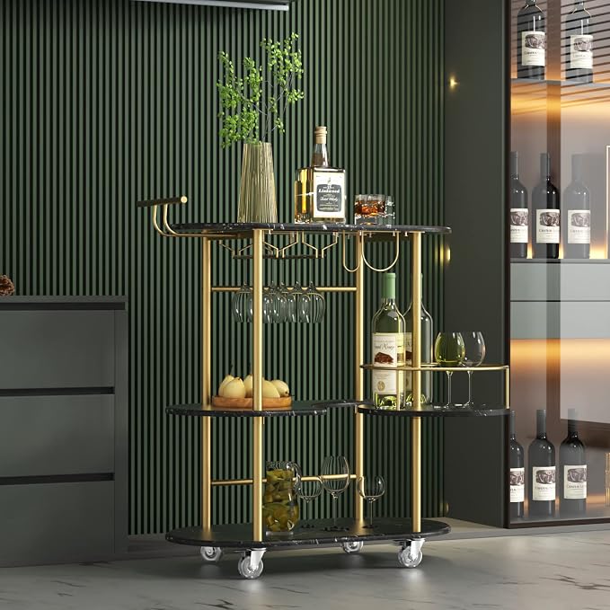 Black Bar Carts with 4-Tier Storage Shelves, Mobile Bar Serving Cart with Wine - Image 8
