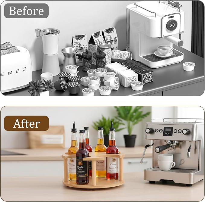 Rotating Coffee Syrup Organizer, 6 Bottles Wood Syrup Holder, Syrups Bottle - Image 3