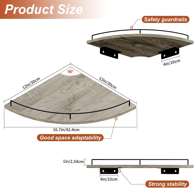 JJL Corner Shelf Wall Mounted, 12 Inches 2-Tier Floating Corner Shelf, - Image 2
