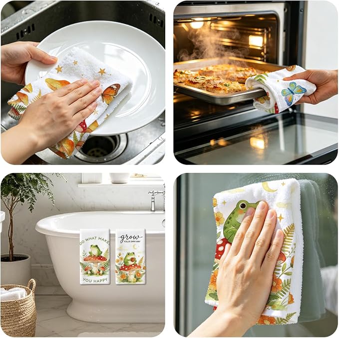 MAYJOYDIY 4 Pcs Frog Mushroom Kitchen Towels Butterfly Microfiber Dish Towel - Image 7