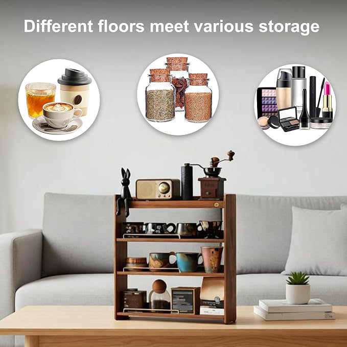 Walnut Wood Coffee Cup Rack, 4-Tier | Coffee Bar Organizer - Image 4