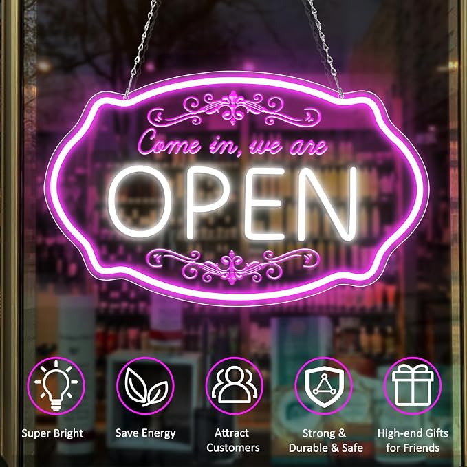 LED Neon Open Sign for Business, 16.5x10'' Come in We’re Open Sign, Wall Decor - Image 2