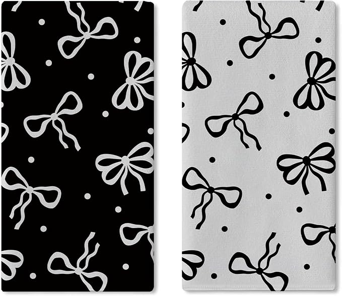 Black White Bow Kitchen Dish Towels Set of 2, Coquette Ribbon Preppy Drying by Croar