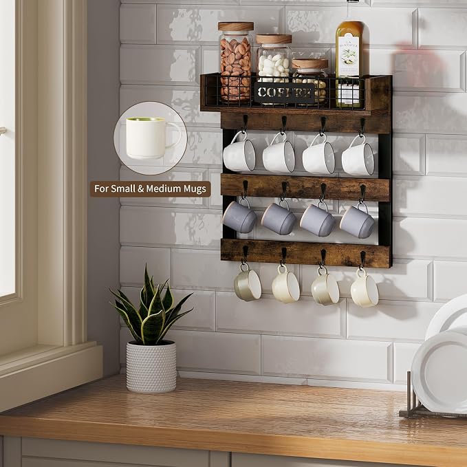 YINMIT Coffee Mug Holder Wall Mounted, Wood Mug Racks - Image 2