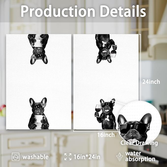 French Bulldog Gifts Coffee Wine Kitchen Towels Set of 2, Coffee Dog Dish Tea - Image 7