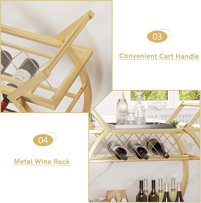 LVB Gold Bar Cart with Glass, Bar Cart with Wheels, Wine Cart with 2 Tier - Image 8