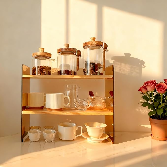 Coffee Station Organizer 2 Tier, Solid Wood Mug Shelffor Coffee Bar, Matcha - Image 7