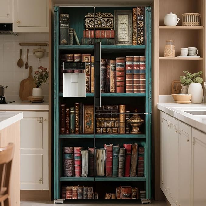 2 Pcs Vintage Bookshelf Removable Refrigerator Wraps, Self-Adhesive Retro - Image 5