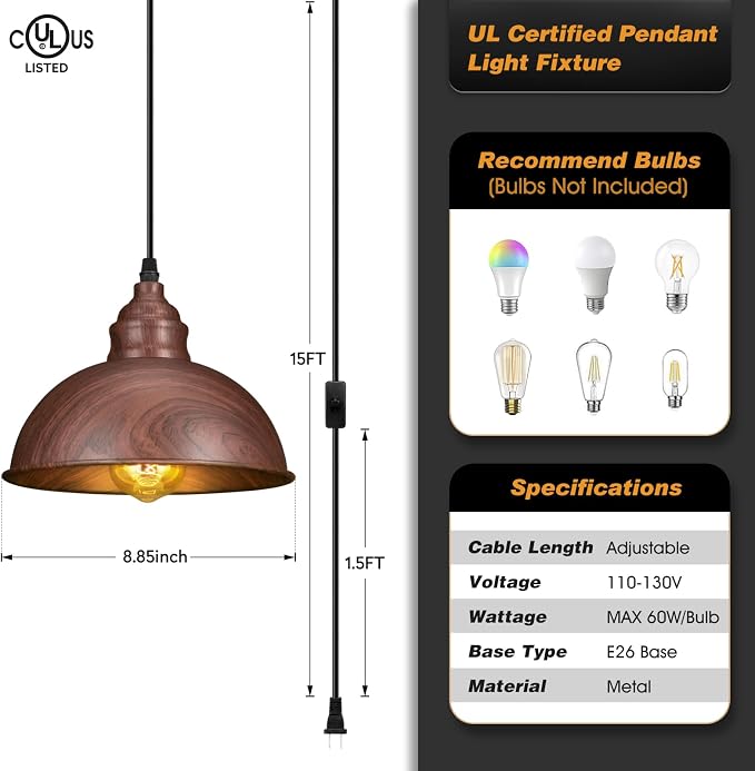 Plug in Pendant Light, 15FT Hanging Lights, On/Off Switch, Industrial Pendant - Image 3