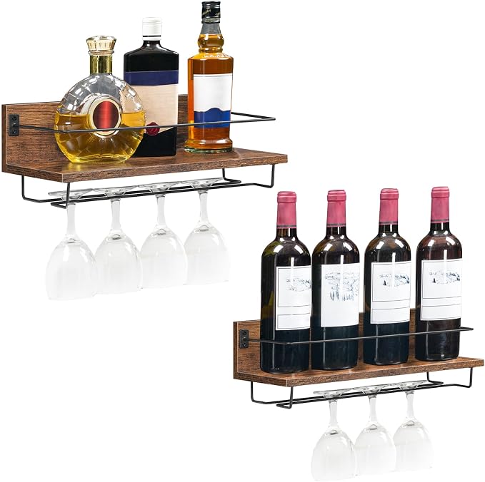 HOOBRO Wall Mounted Wine Rack 2 Pack, Hanging Wine Shelves, Wine Glass Bottle - Image 2