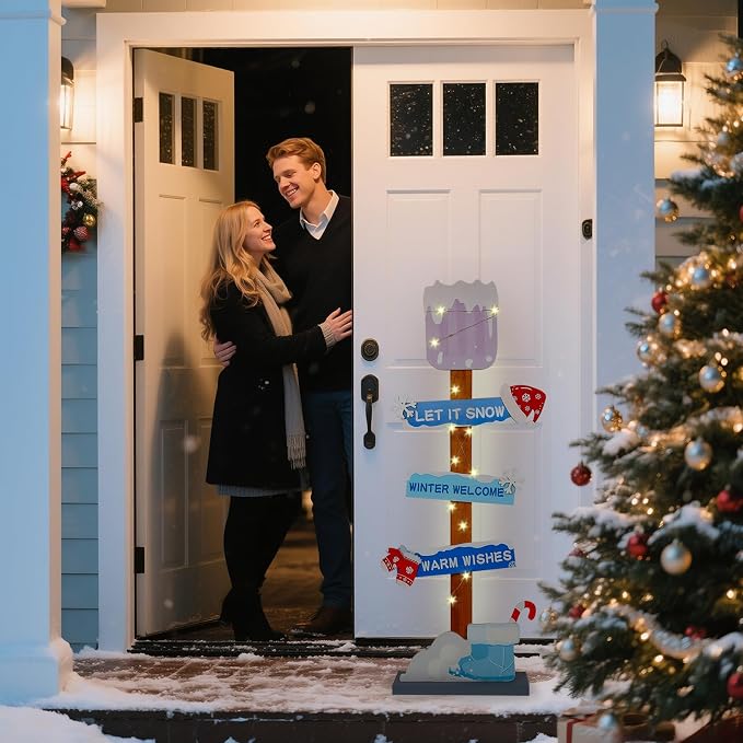 Lighted Wooden Christmas Porch Sign | Let It Snow Winter Welcome Porch Decor - Image 4