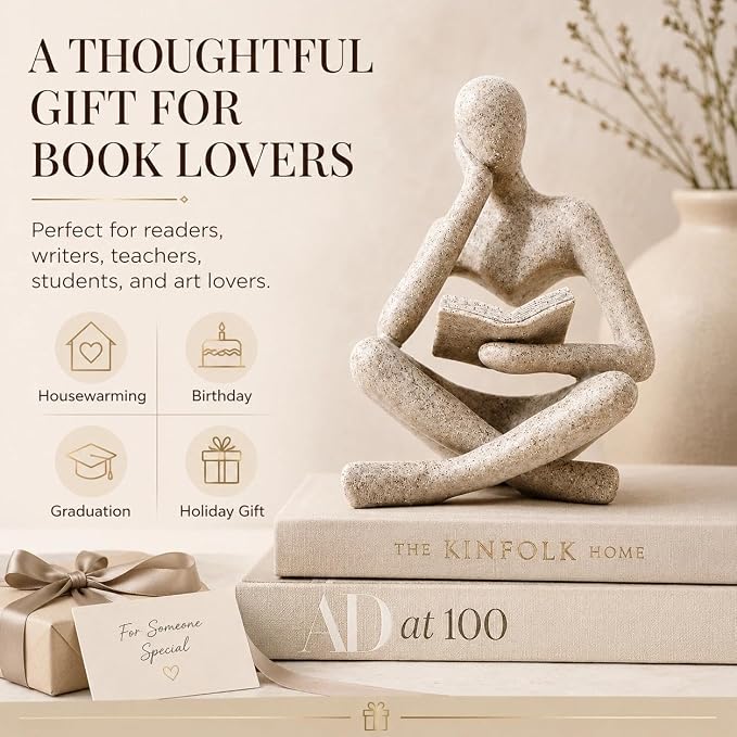 Bookshelf Decor Thinker Statue, Sand Abstract Reading Figurine, Resin - Image 3