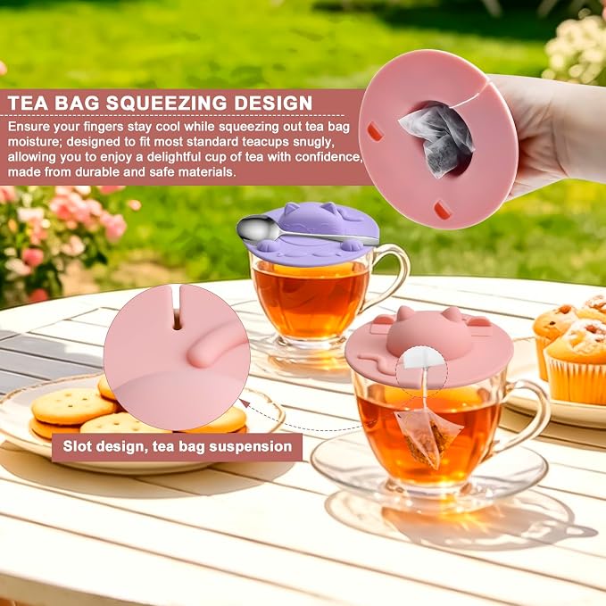 Enenes 4 Pack Silicone Tea Bag Holder and Squeezer, 4 Inch Cat-Shaped Cup Lid - Image 3