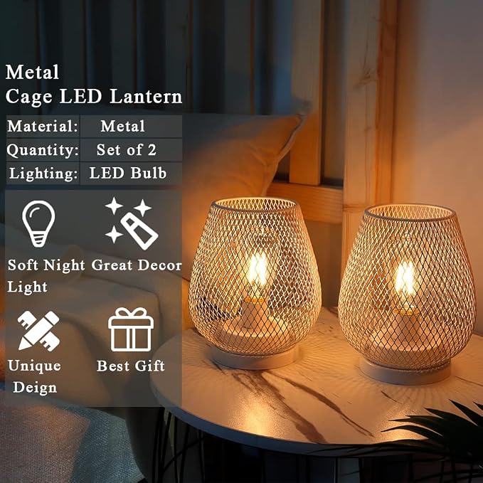JHY DESIGN Set of 2 Metal Cage LED Lanterns Battery Powered Cordless Accent - Image 4