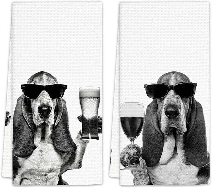 Gifts for Basset Hound Dog Wine Lovers Kitchen Towels Set of 2, Basset Hound by FIicy