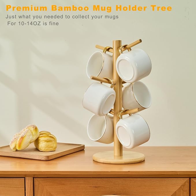 Bamboo Mug Tree for Counter, 6 Hooks Detachable Coffee Mug Holder, Decorative - Image 7