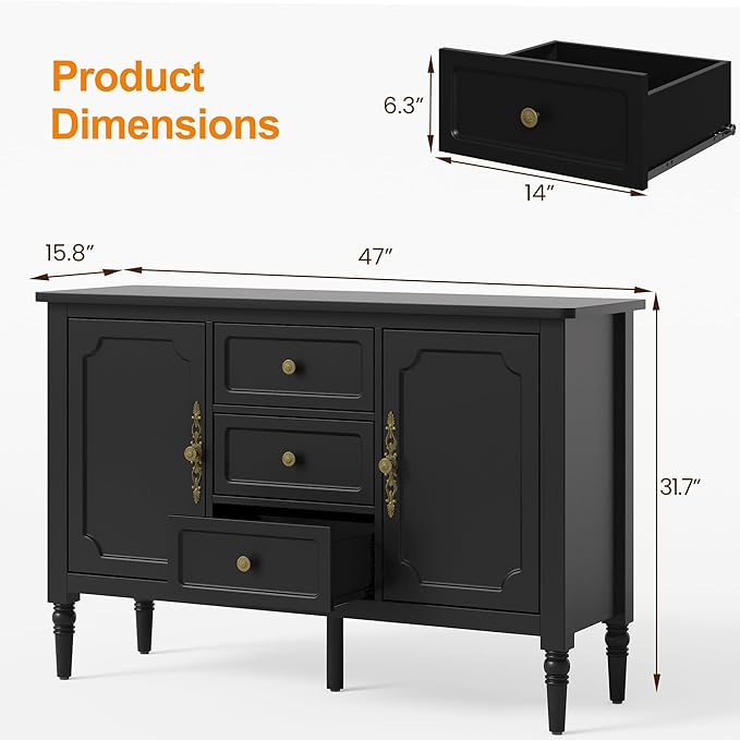 RoyalCraft Buffet Cabinet with 2 Doors & 3 Drawers, Vintage Sideboard with - Image 2
