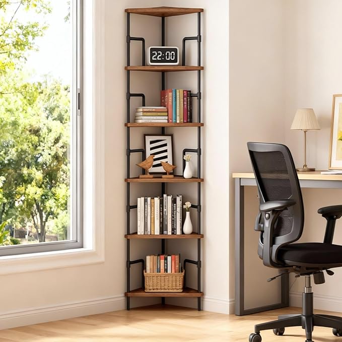 MAHANCRIS 65" Corner Shelf, 6-Tier Industrial Corner Bookshelf by MAHANCRIS