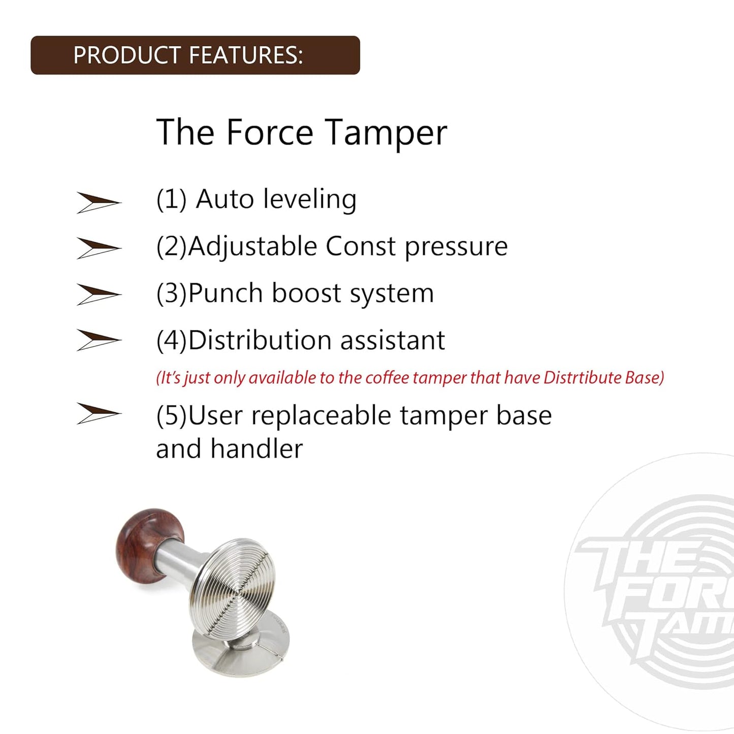 The Force Tamper Automatic Impact Adjustable Constant Pressure and Autoleveling Coffee Tamper Reddish Brown Jellyfish Wooden Handle Set Pro (TRI-Distribute Set, 58.35mm)