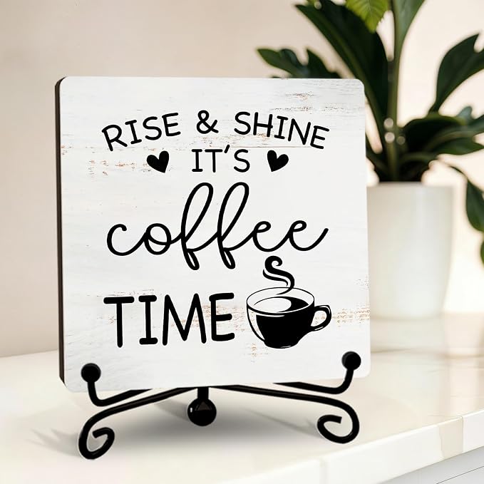 Minimalism Coffee Bar Decor, Rise & Shine It's Coffee Time Wood Plaque by YQV