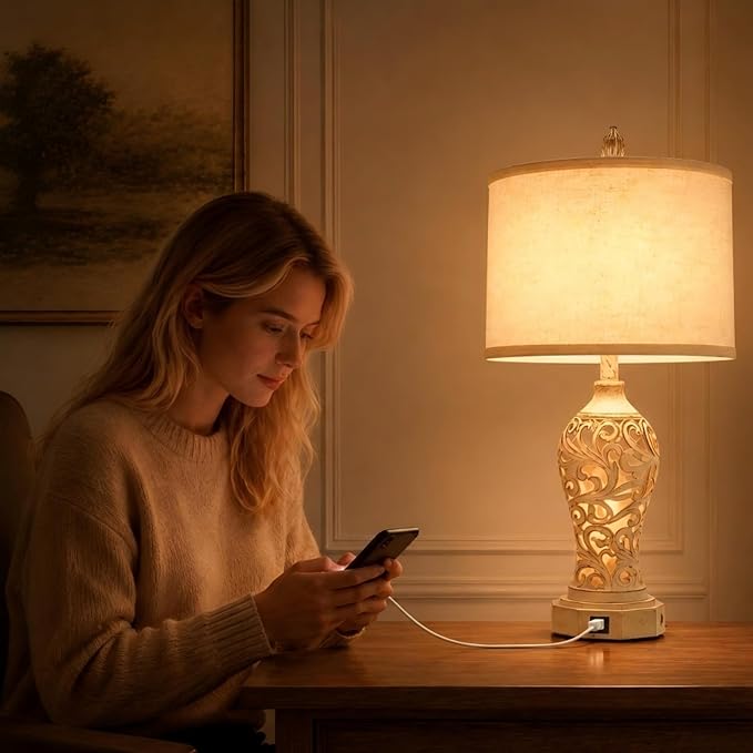 26.3’’ Dimmable Table Lamps, Hollow Out Resin Lamps | Distressed White Finish - Image 6