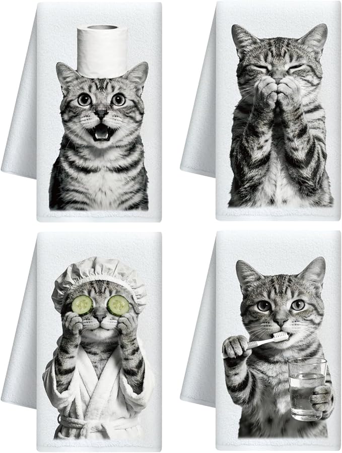 CUTHOLLOW Bath Funny Cat Decorative Kitchen Towels Set of 4, 15.74"x23.62" Soft by CUTHOLLOW
