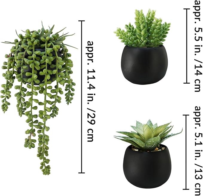 Winlyn Set of 3 Artificial Succulents Plants in Black Cement Planters Faux - Image 2
