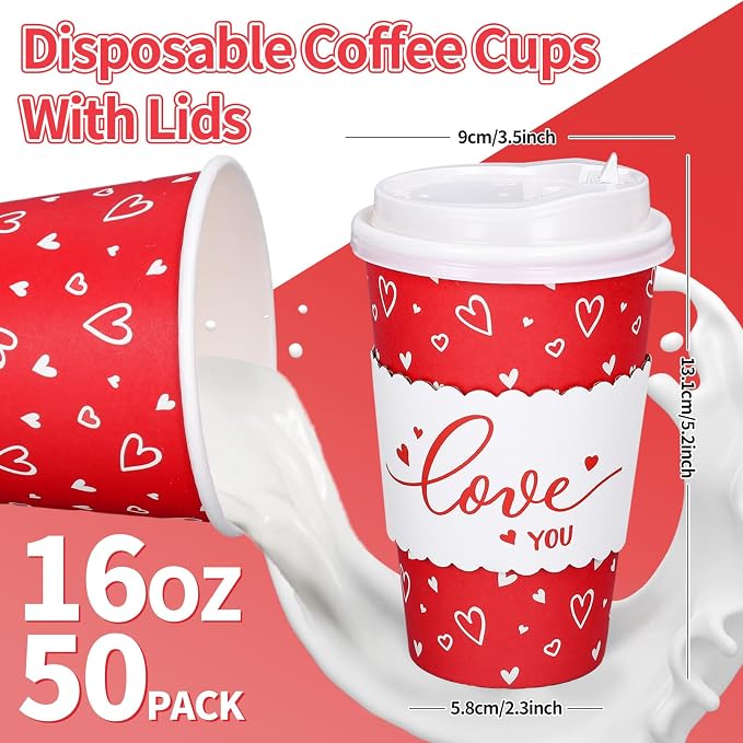 Whaline 50 Set Valentine's Day Red Heart Disposable Coffee Cups - Image 2