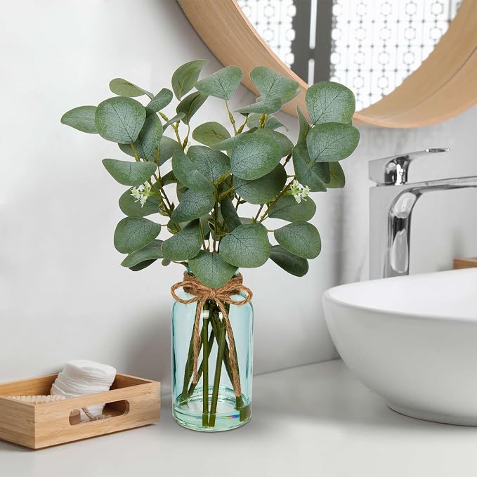 Briful Artificial Eucalyptus Stems in Blue Glass Vase - Image 5