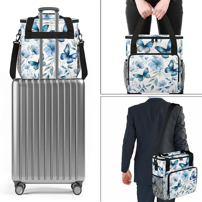 Butterfly Blue Floral Coffee Maker Carring Bag, Large Insulated Storage - Image 7