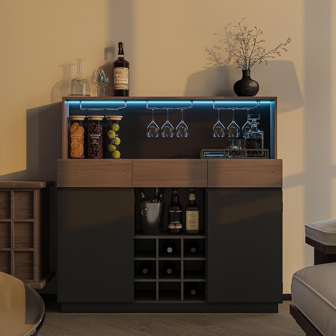 ModernMate Wine Cabinet with 3 Drawers, Coffee Bar Cabinet with LED Lights by ModernMate