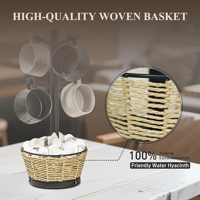 Wood Mug Holder Tree With Woven Basket, 4 Hooks Coffee Mug Holder, Countertop - Image 4