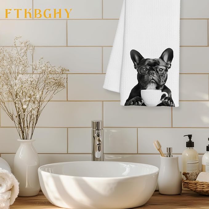 Funny French Bulldog Coffee Kitchen Towels, Frenchie Gifts - Image 2