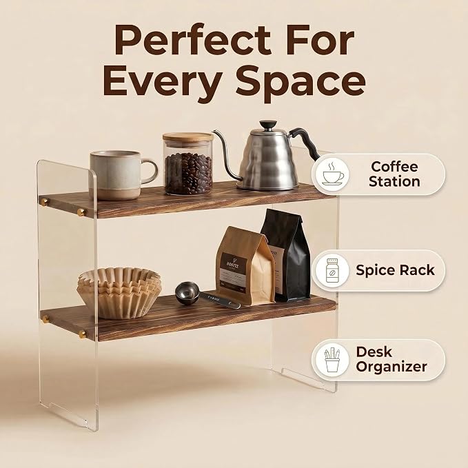 Coffee Station Organizer 2 Tier, Solid Wood Mug Shelffor Coffee Bar, Matcha - Image 4