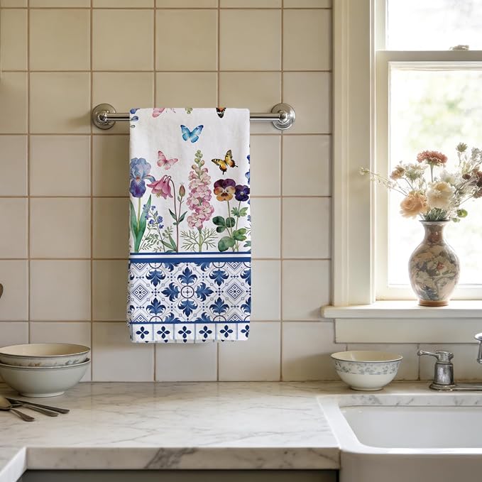 CUTHOLLOW Bohemian Blue Flowers Decorative Kitchen Towels Set of 4, - Image 7